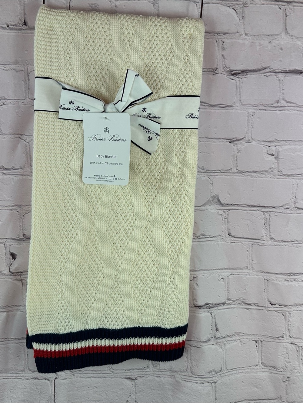 Brooks Brothers Cream Cable Knit Baby Blanket with Navy and Red Trim